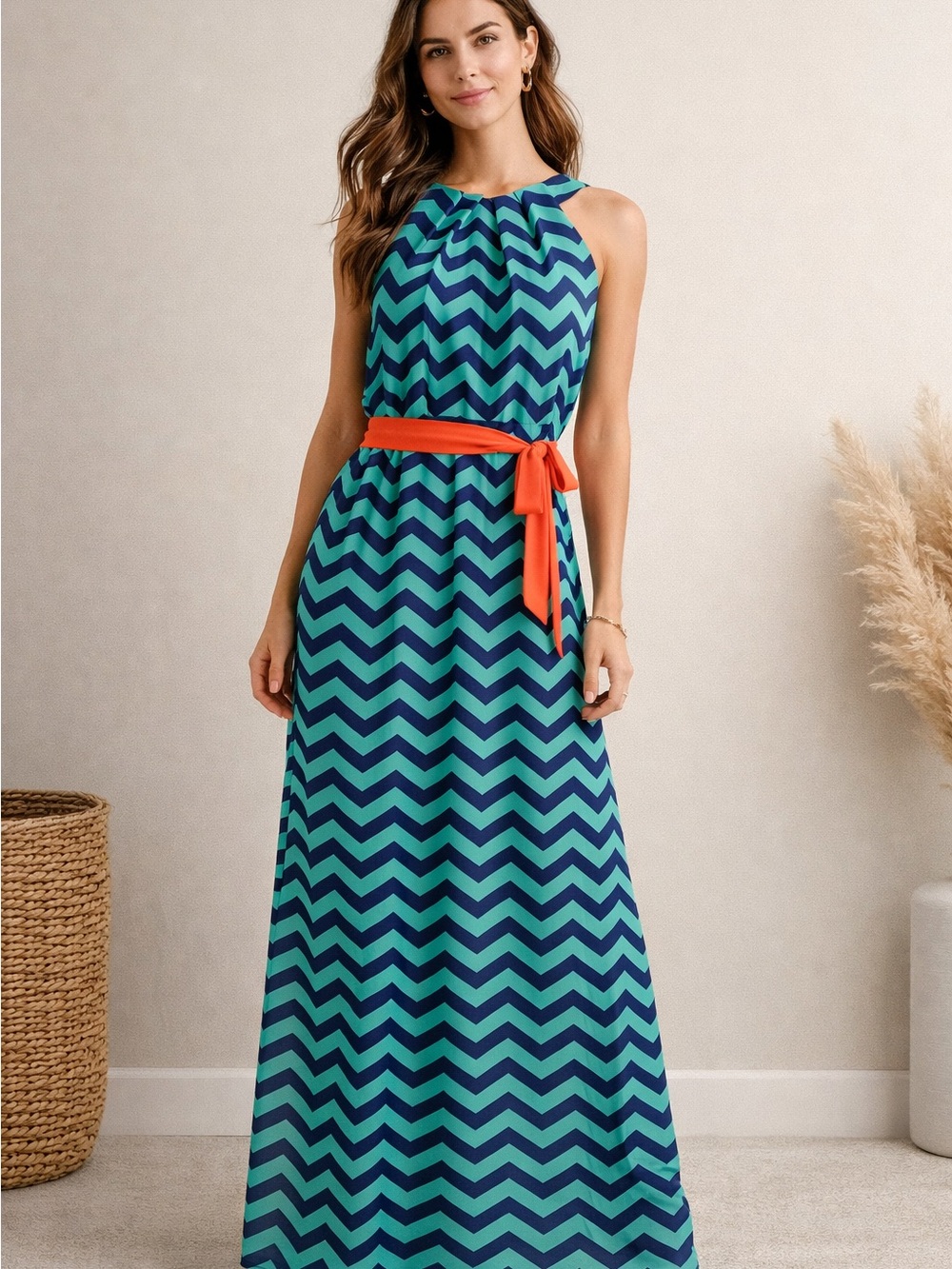 BCX Chevron Maxi Dress Large - Blue Green Sleeveless Belted Summer Dress EUC